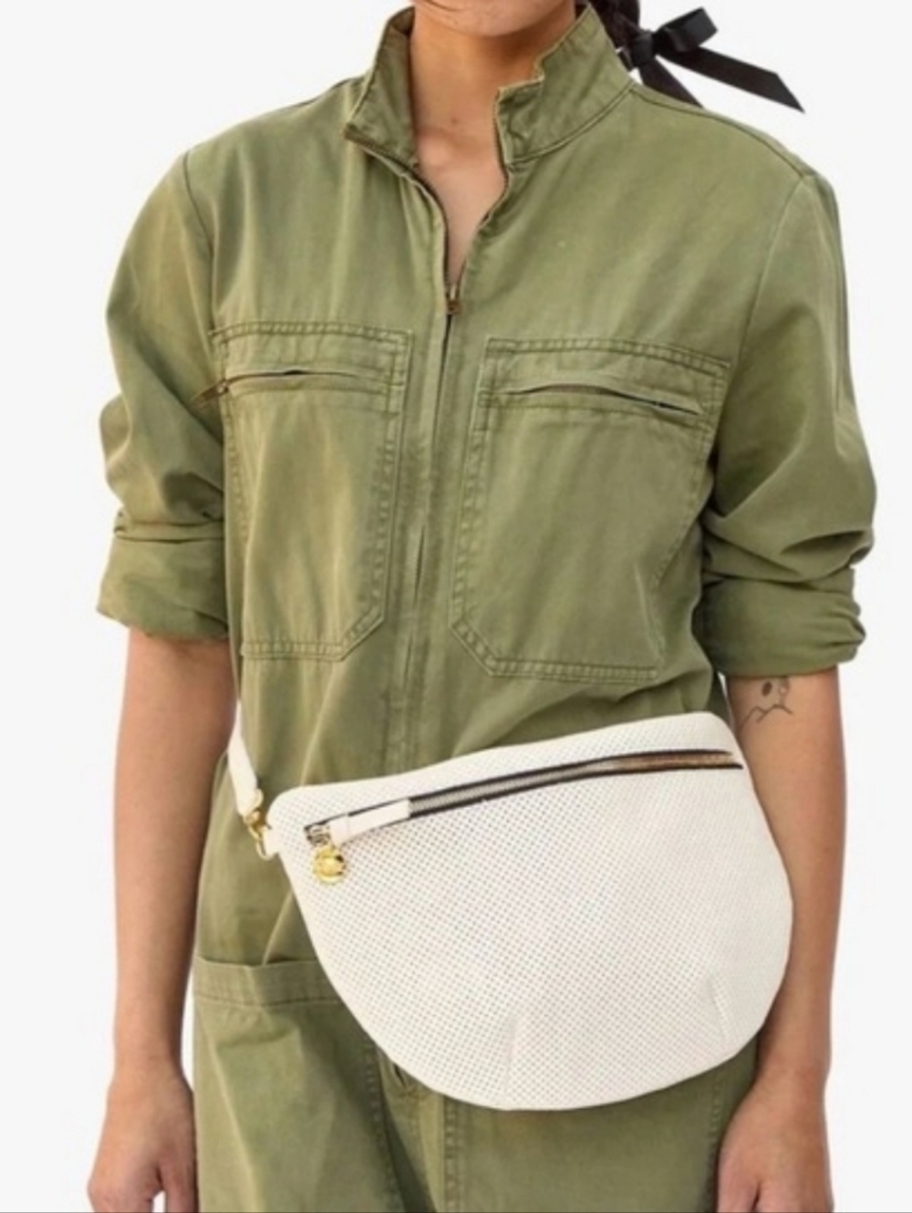NEW CLARE V GRANDE FANNY BAG - CREAM PERF PERFORATED LEATHER